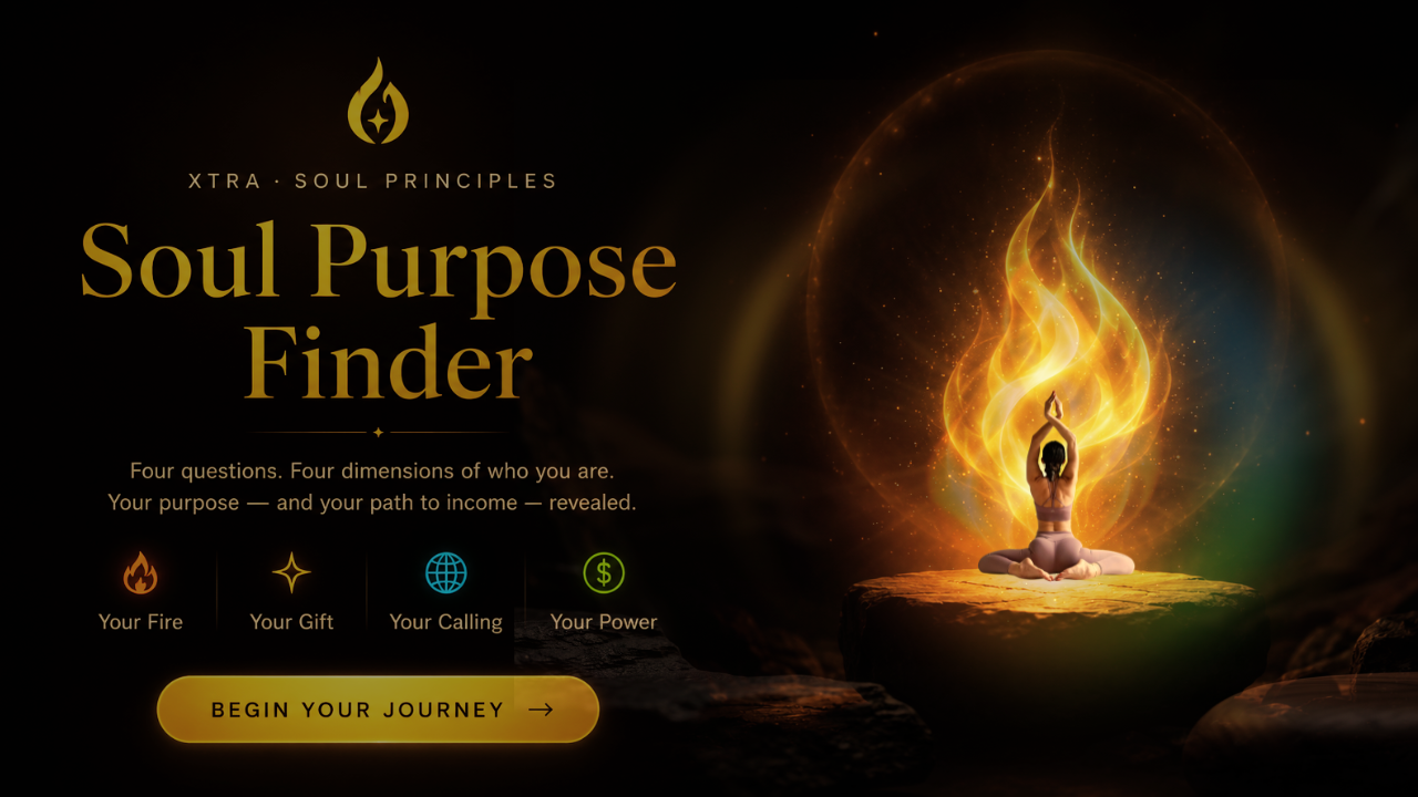 The Soul Purpose Finder — a meditating figure enveloped in golden soul fire